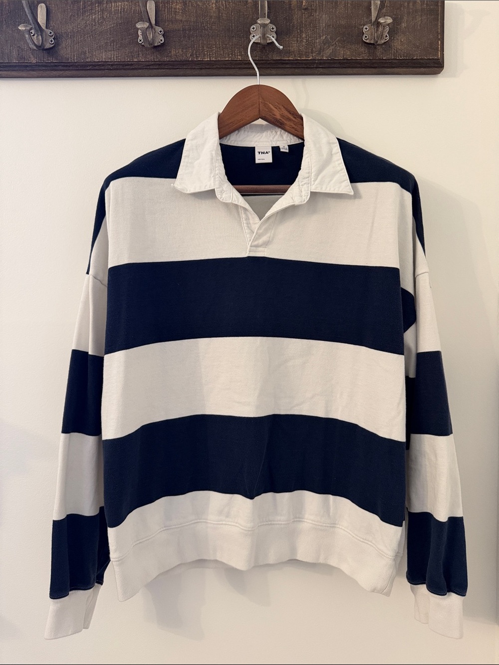 TNA Navy and White Striped Rugby Pullover